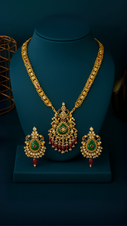 Antique Green & Ruby Kundan Necklace Set with Earrings